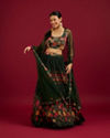 Bottle Green Floral Printed Crop Top Lehenga with Rhinestone Work